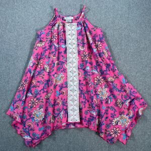 Bonnie Jean Sundress Girl Size 6 Pink Floral Handkerchief Hem Sleeveless Crochet